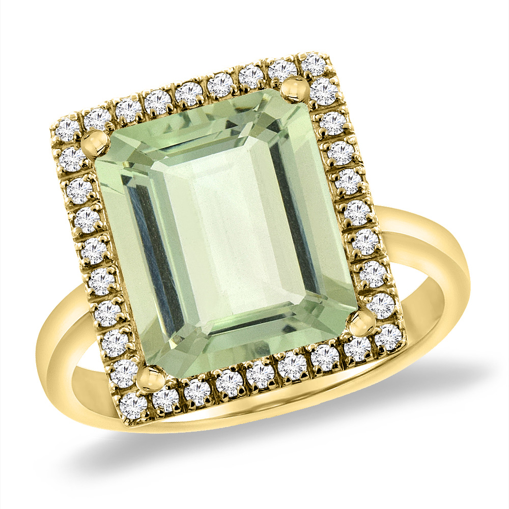 14K Yellow Gold Natural Green Amethyst Ring Diamond Accent 12x10 mm Octagon, sizes 5 -10