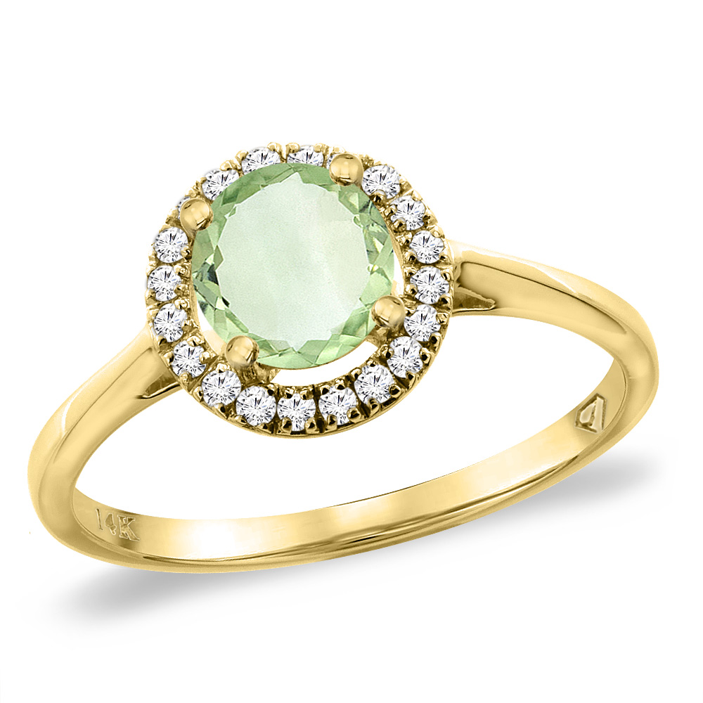 14K Yellow Gold Diamond Halo Natural Green Amethyst Engagement Ring Round 6 mm, sizes 5 -10