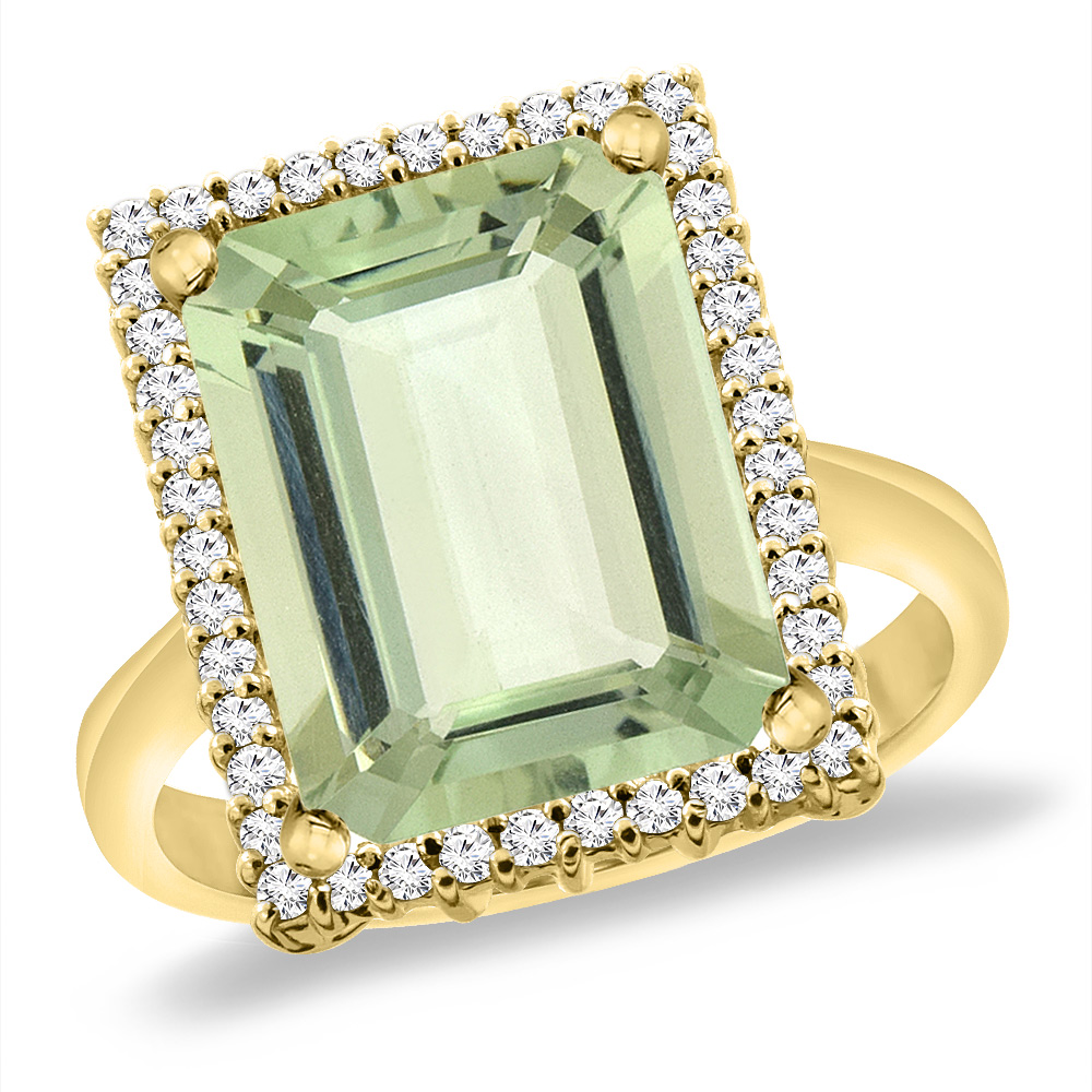 14K Yellow Gold Natural Green Amethyst Ring Diamond Accent 14x10 mm Octagon, sizes 5 -10