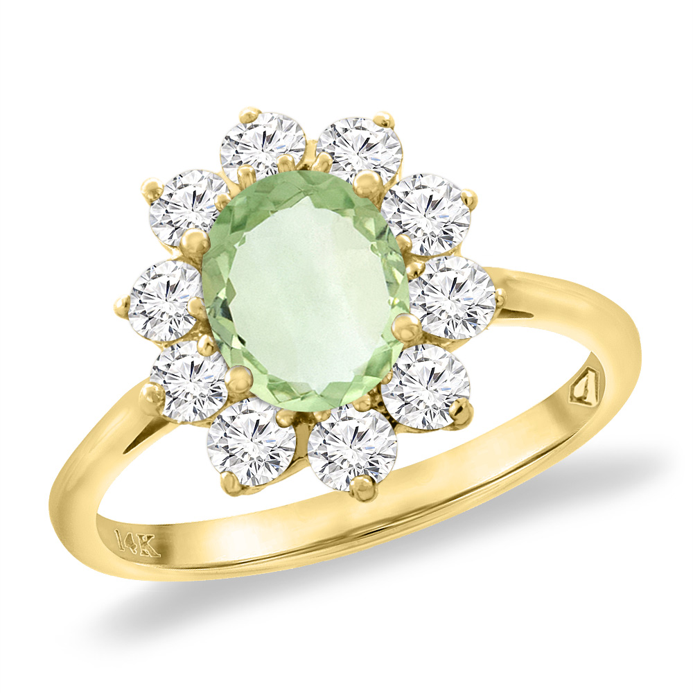 14K Yellow Gold Diamond Natural Green Amethyst Engagement Ring Oval 8x6 mm, sizes 5 -10