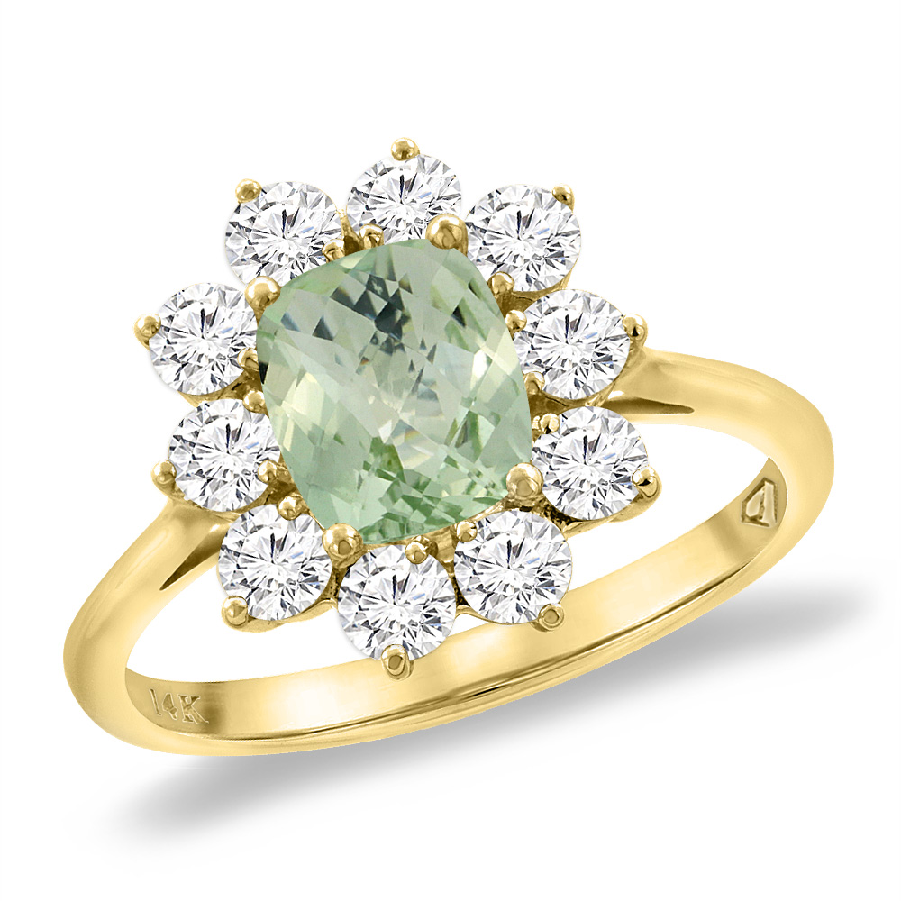 14K Yellow Gold Diamond Natural Green Amethyst Engagement Ring 8x6 mm Cushion, sizes 5 -10