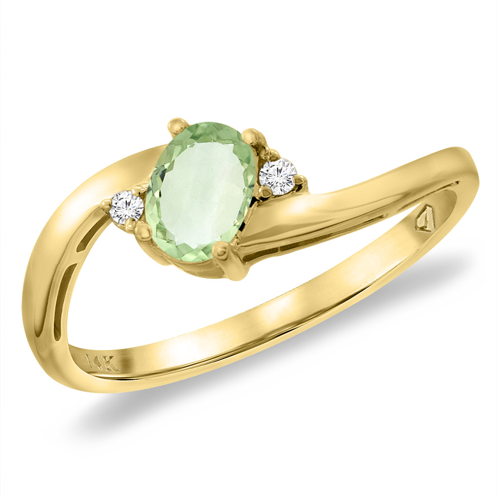 14K Yellow Gold Diamond Natural Green Amethyst Bypass Engagement Ring Oval 6x4 mm, sizes 5 -10