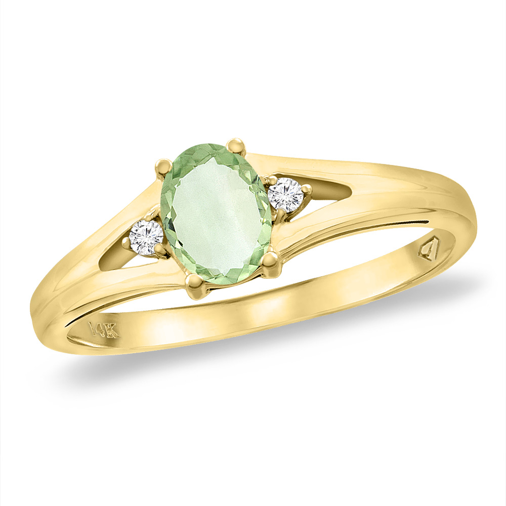 14K Yellow Gold Diamond Natural Green Amethyst Engagement Ring Oval 6x4 mm, sizes 5 -10