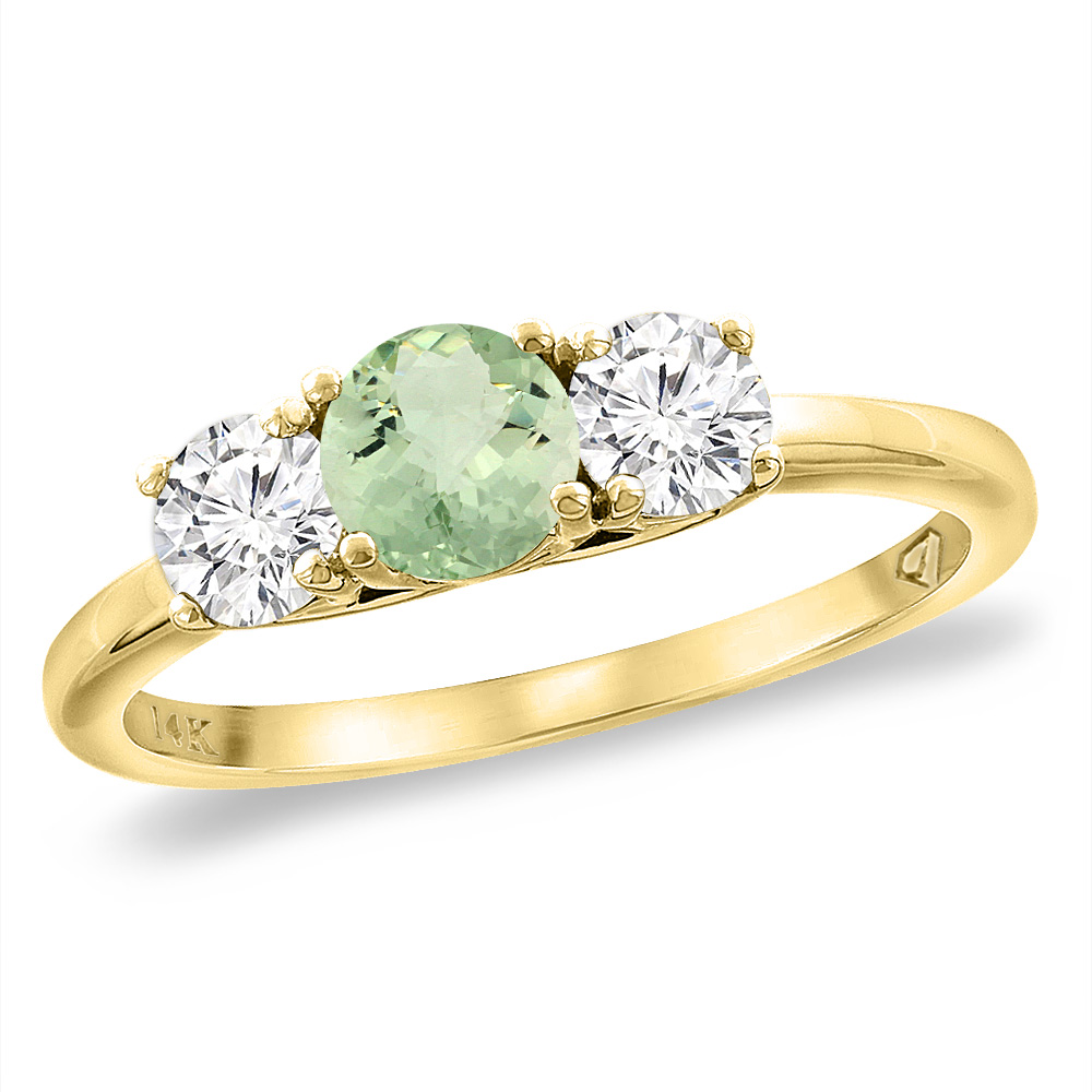 14K Yellow Gold Diamond Natural Green Amethyst Engagement Ring 5mm Round, sizes 5 -10