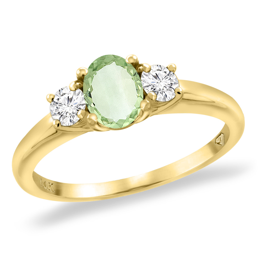 14K Yellow Gold Natural Green Amethyst Engagement Ring Diamond Accents Oval 7x5 mm, sizes 5 -10
