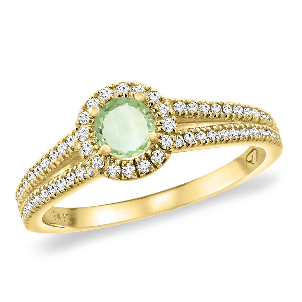 14K Yellow Gold Natural Green Amethyst Split Shank Diamond Halo Engagement Ring 4mm Round, sizes 5 -10