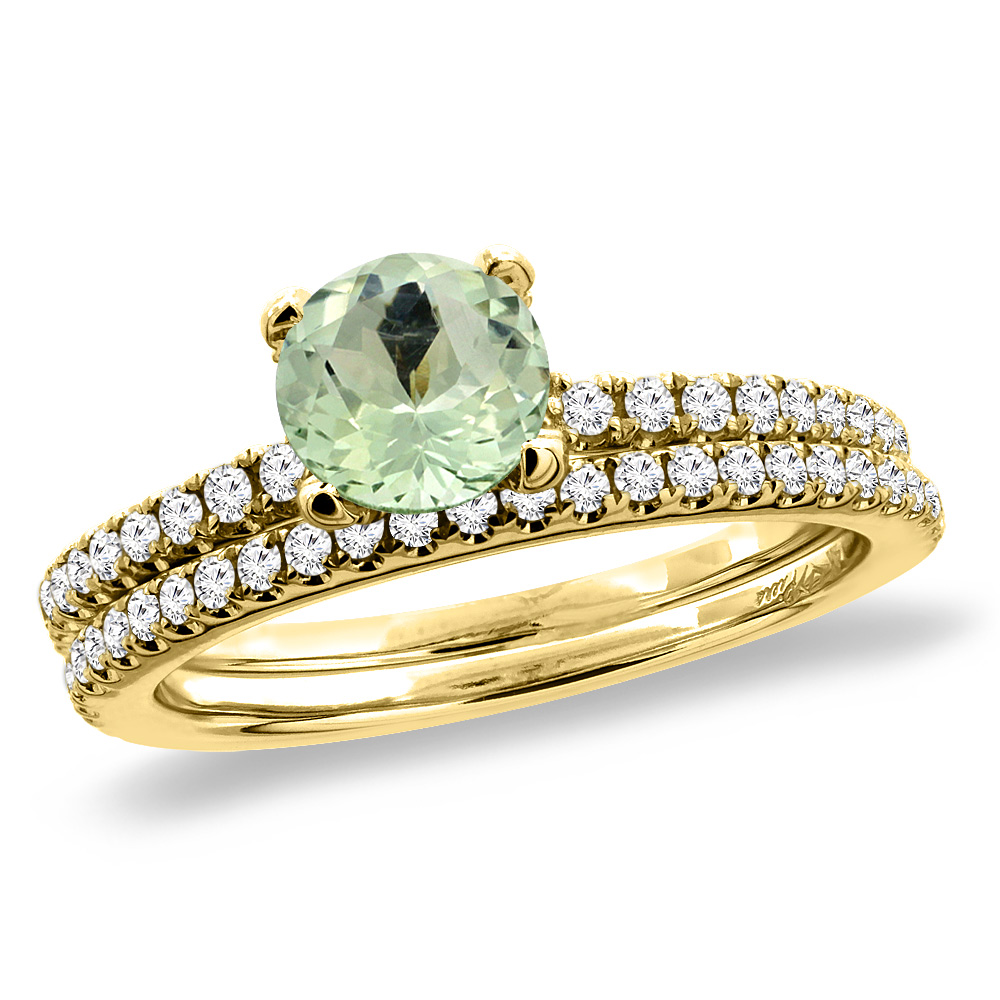 14K Yellow Gold Diamond Natural Green Amethyst 2pc Engagement Ring Set Round 5 mm, sizes 5-10