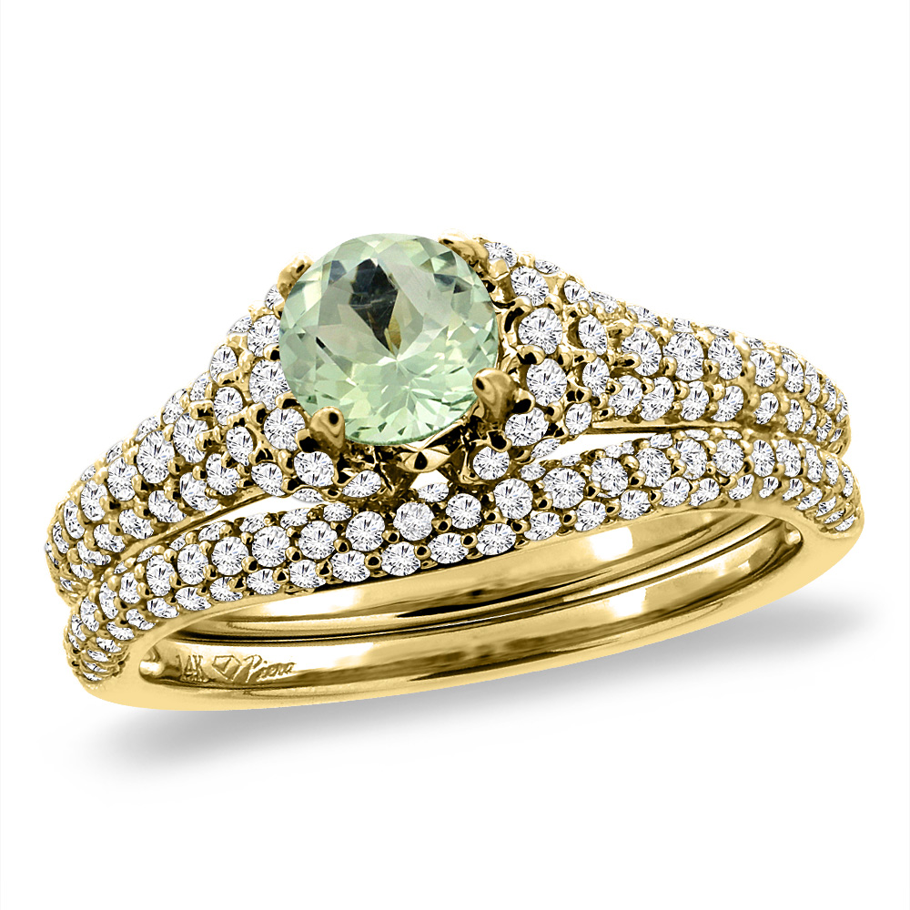 14K Yellow Gold Diamond Natural Green Amethyst 2pc Engagement Ring Set Round 5 mm, sizes 5-10