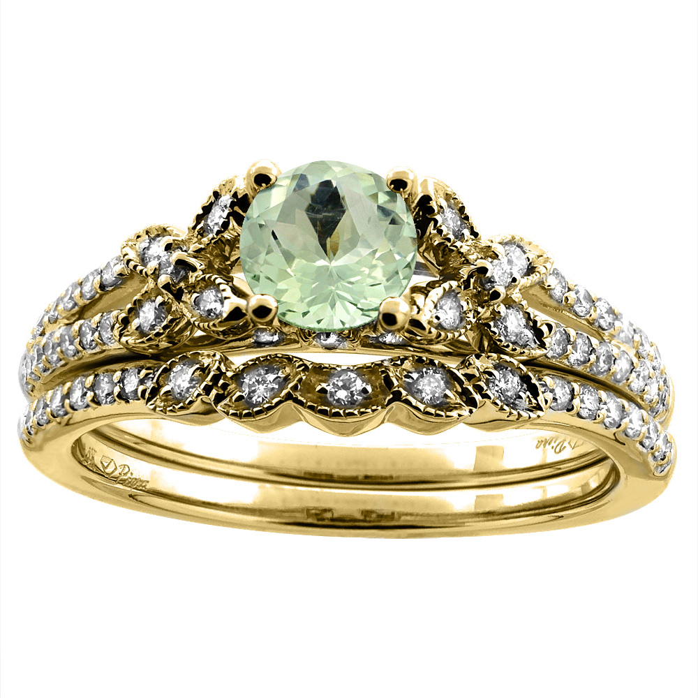 14K Yellow Gold Floral Diamond Natural Green Amethyst 2pc Engagement Ring Set Round 5 mm, size 5-10
