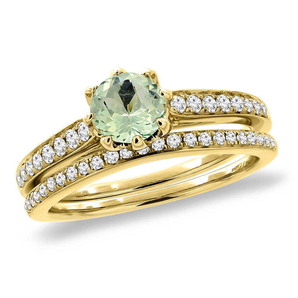 14K Yellow Gold Diamond Natural Green Amethyst 2pc Engagement Ring Set Round 5 mm, size 5-10
