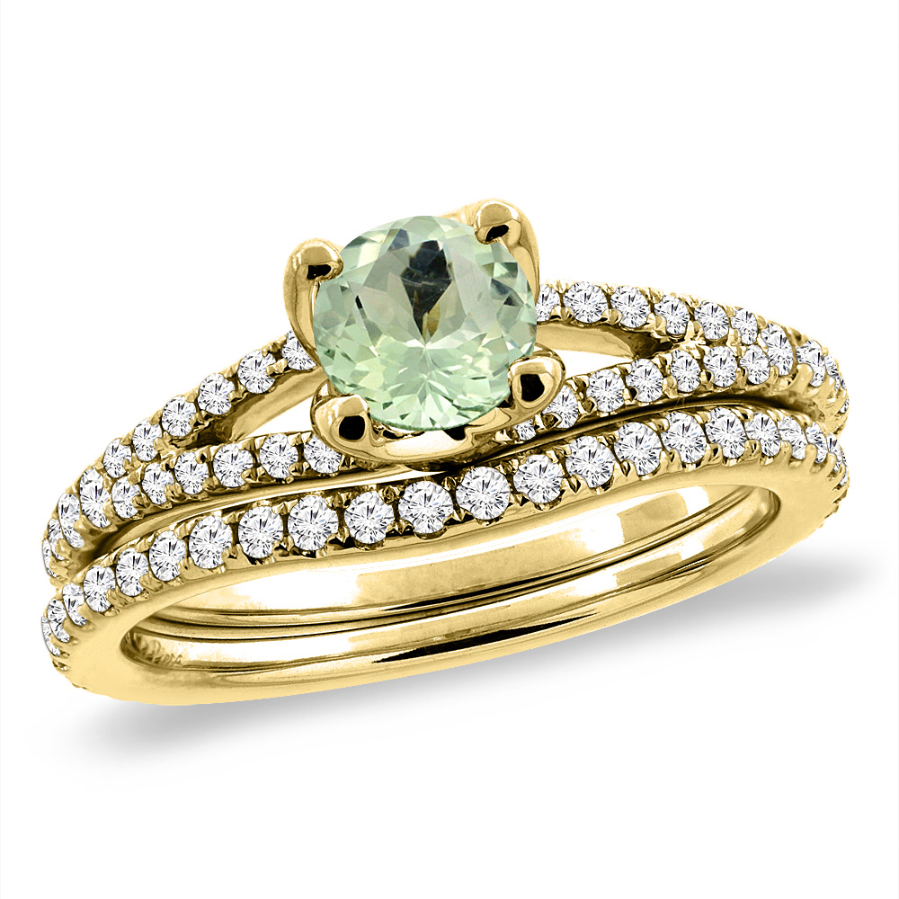 14K Yellow Gold Diamond Natural Green Amethyst 2pc Engagement Ring Set Round 5 mm, size 5-10