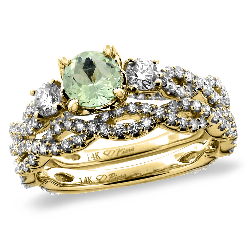 14K Yellow Gold Diamond Natural Green Amethyst 2pc Infinity Engagement Ring Set Round 5 mm,size 5-10