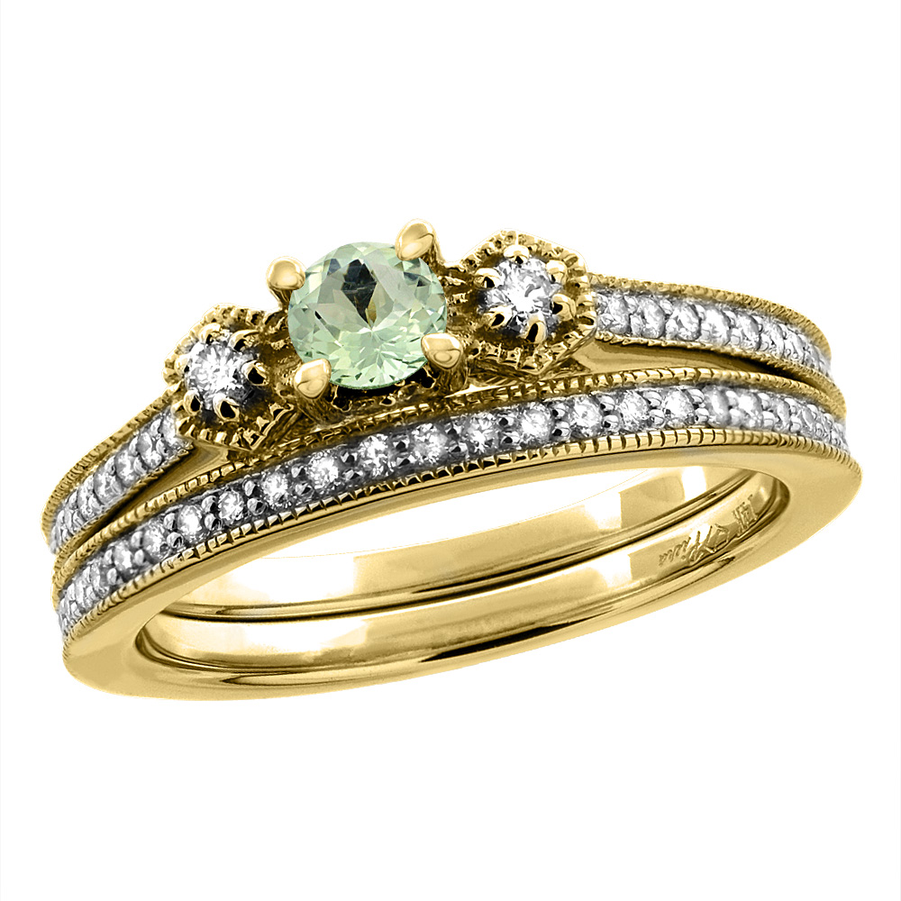 14K Yellow Gold Diamond Natural Green Amethyst 2pc Engagement Ring Set Round 4 mm, sizes 5 - 10