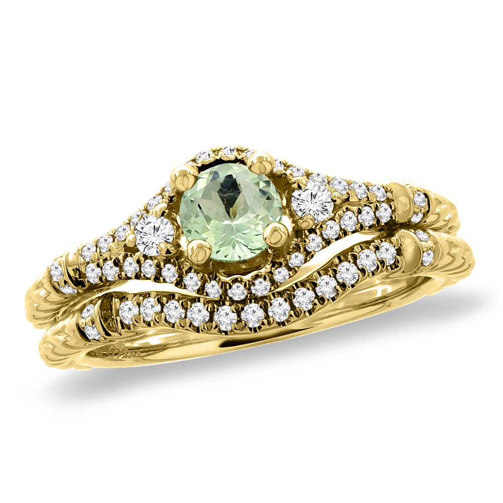 14K Yellow Gold Diamond Natural Green Amethyst 2pc Engagement Ring Set Round 4 mm, sizes 5 - 10