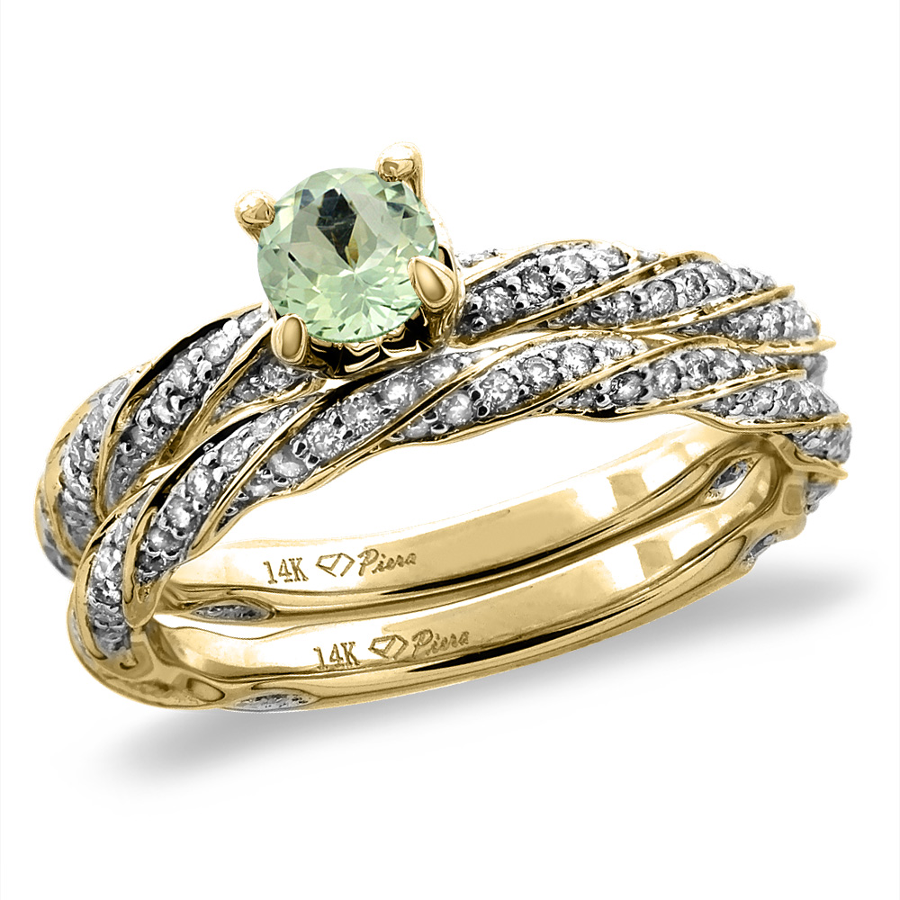 14K Yellow Gold Diamond Natural Green Amethyst 2pc Twisted Engagement Ring Set Round 4 mm, size5-10