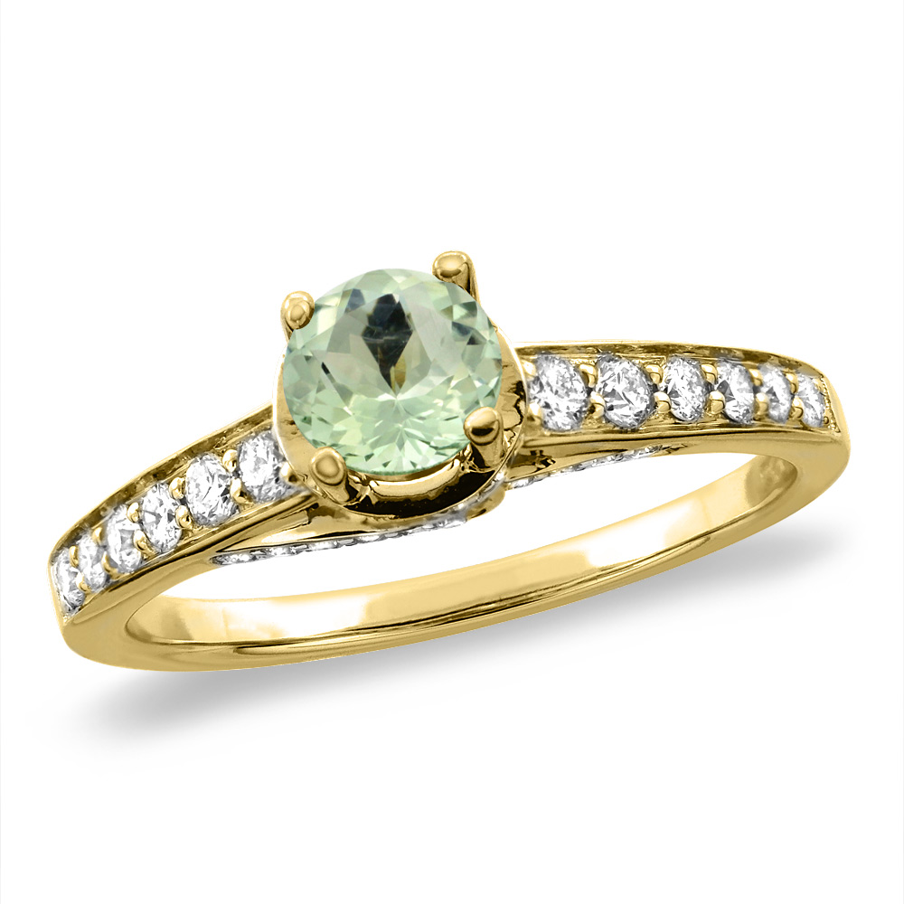 14K White/Yellow Gold Diamond Natural Green Amethyst Engagement Ring Round 4 mm, sizes 5 -10