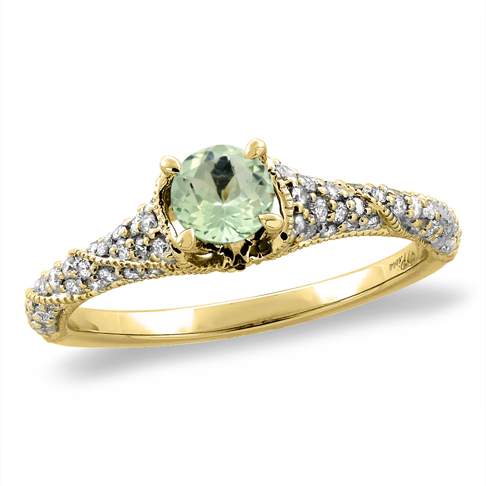 14K Yellow Gold Diamond Natural Green Amethyst Engagement Ring Round 4 mm, sizes 5 -10