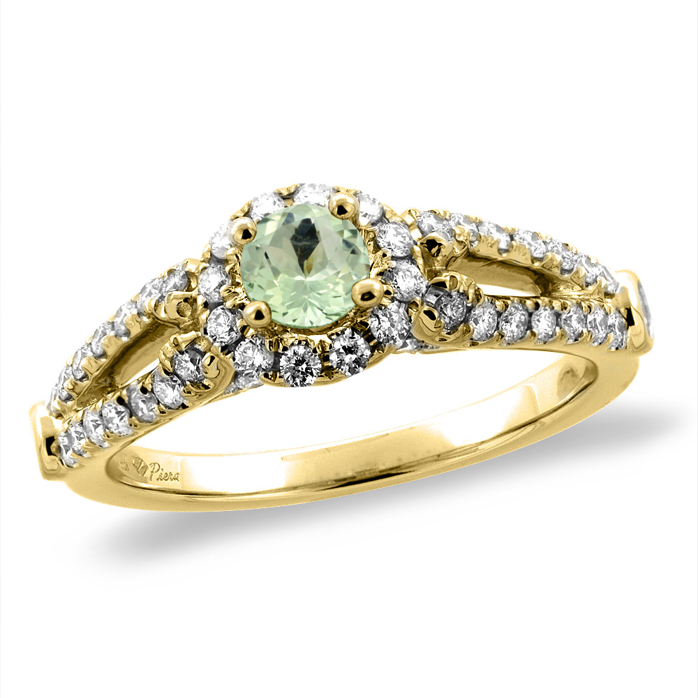14K Yellow Gold Diamond Natural Green Amethyst Halo Engagement Ring Round 4 mm, sizes 5 -10