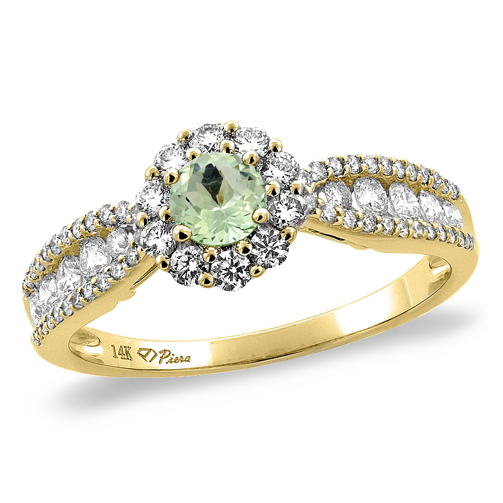 14K Yellow Gold Natural Green Amethyst Halo Engagement Ring Round 4 mm, sizes 5 -10