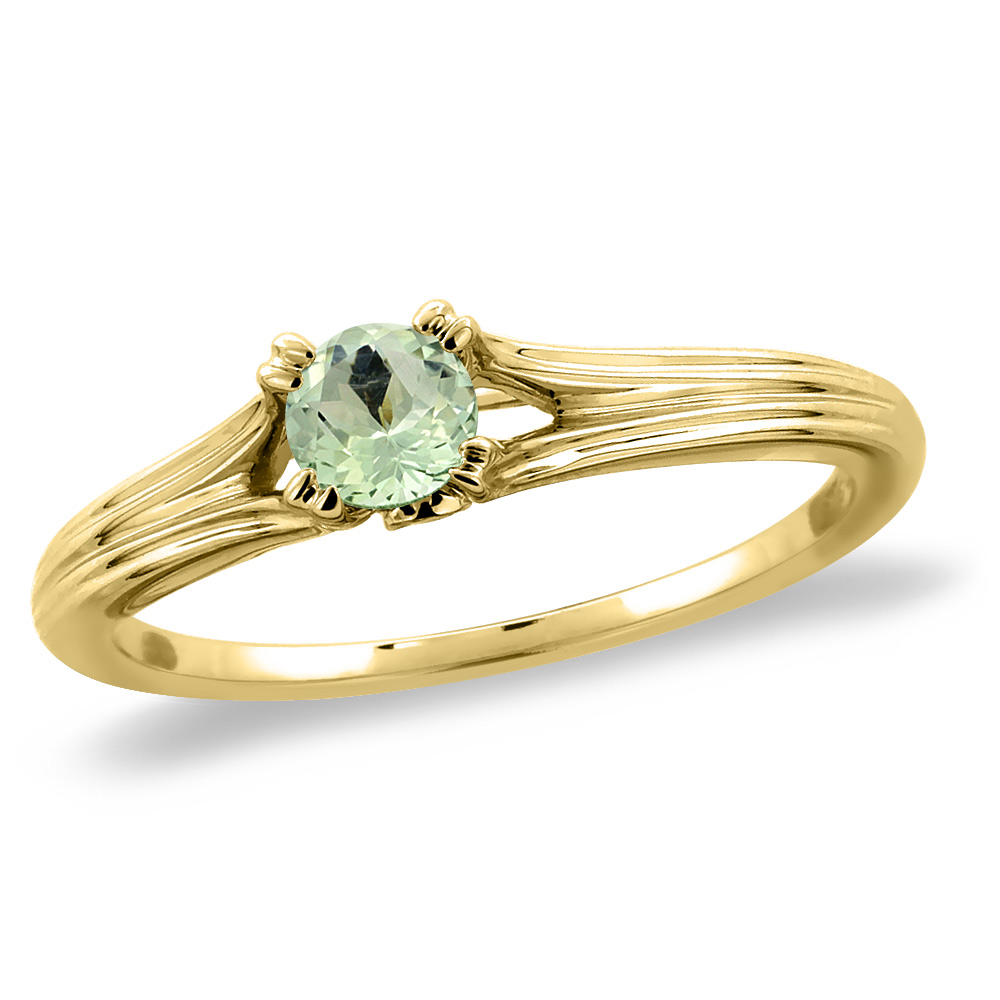 14K Yellow Gold Diamond Natural Green Amethyst Solitaire Engagement Ring Round 4 mm, sizes 5 -10