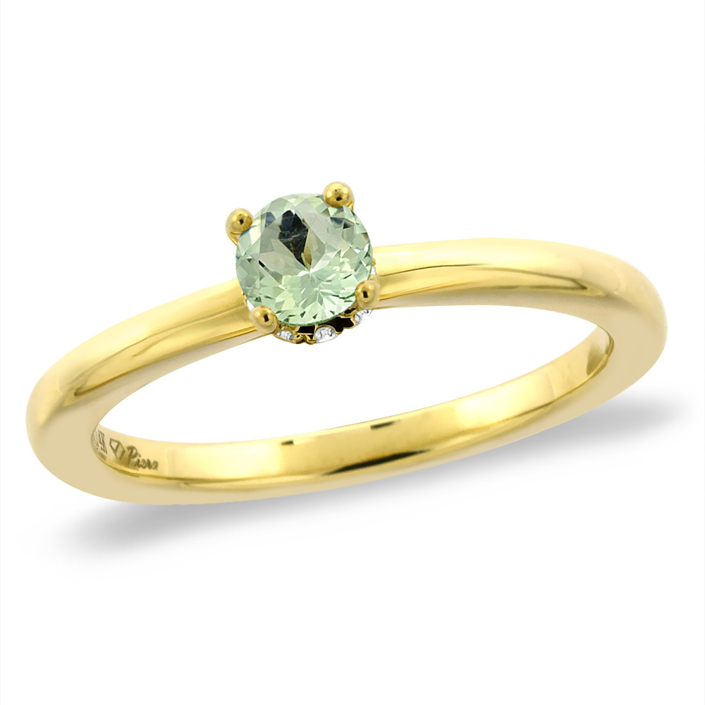14K Yellow Gold Diamond Natural Green Amethyst Solitaire Engagement Ring Round 5 mm, sizes 5 -10