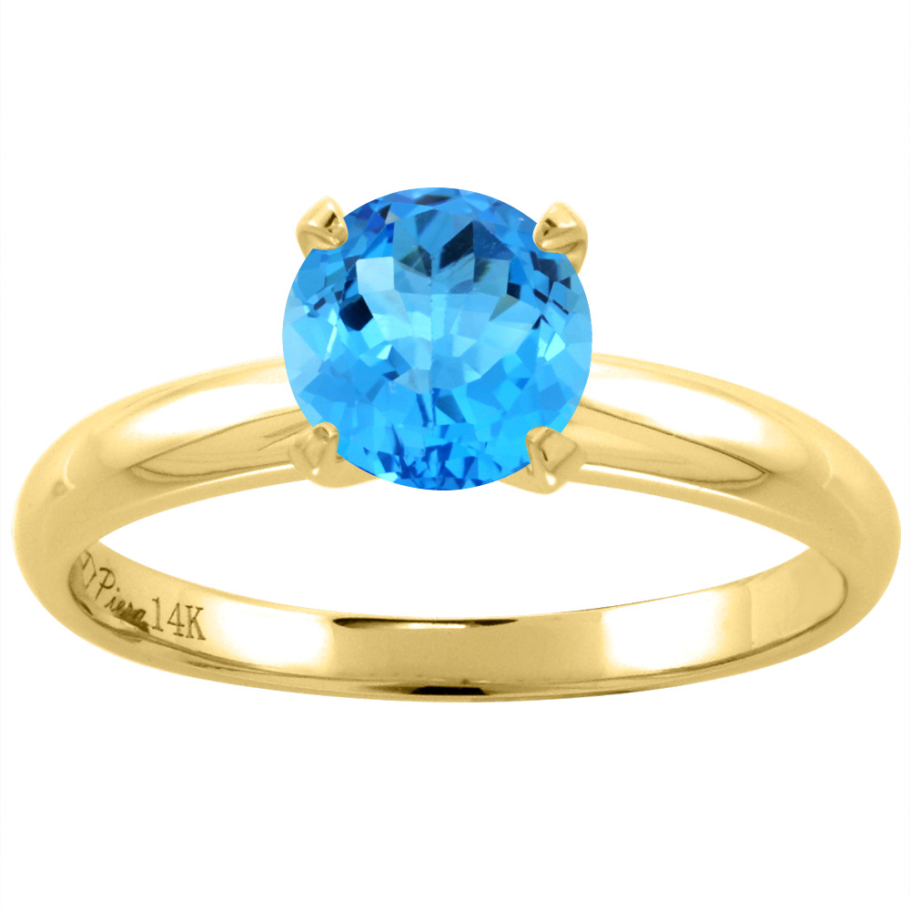 14K Yellow Gold Natural Swiss Blue Topaz Solitaire Engagement Ring Round 7 mm, sizes 5-10