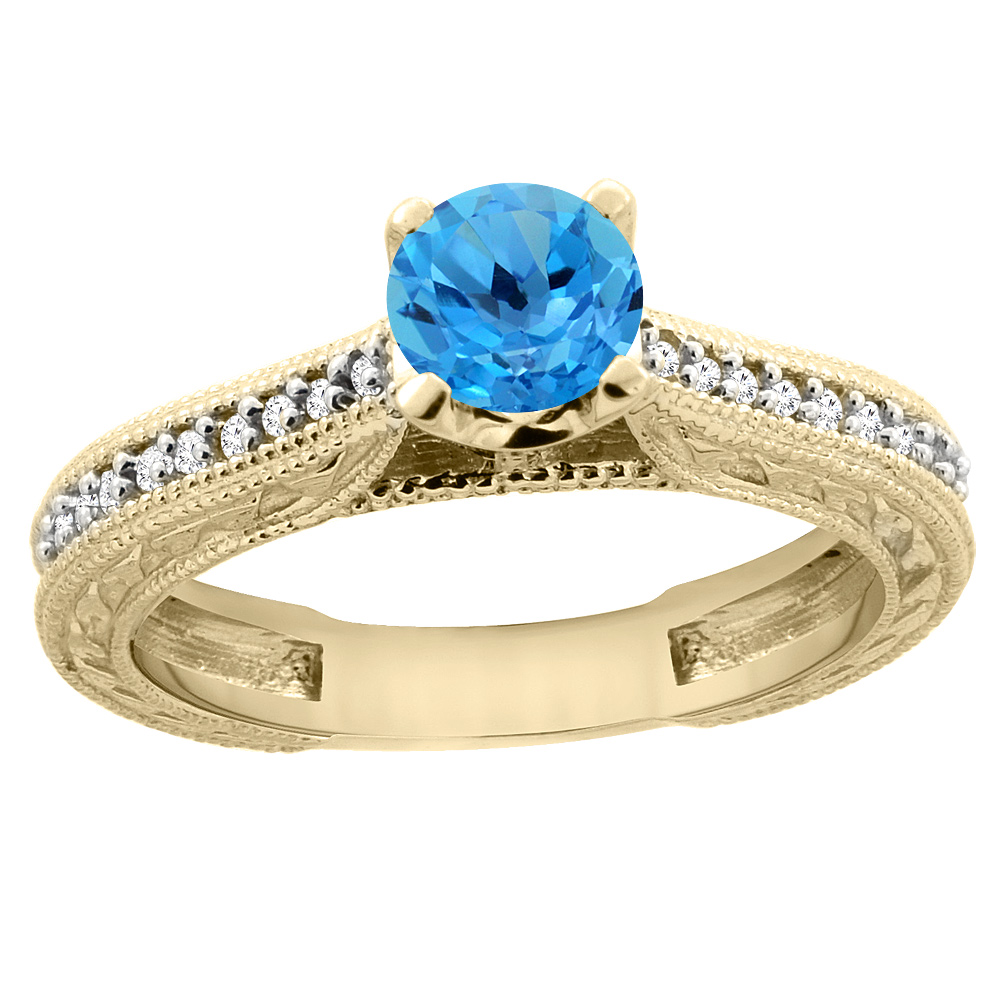 14K Yellow Gold Natural Swiss Blue Topaz Round 5mm Engraved Engagement Ring Diamond Accents, sizes 5 - 10