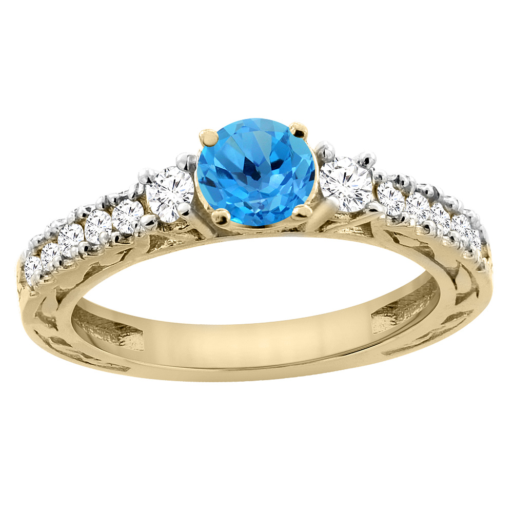 14K Yellow Gold Natural Swiss Blue Topaz Round 6mm Engraved Engagement Ring Diamond Accents, sizes 5 - 10
