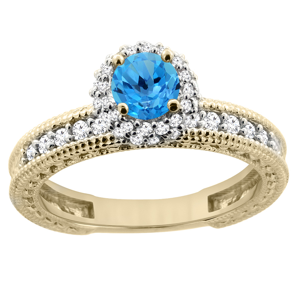 14K Yellow Gold Natural Swiss Blue Topaz Round 5mm Engagement Ring Diamond Accents, sizes 5 - 10
