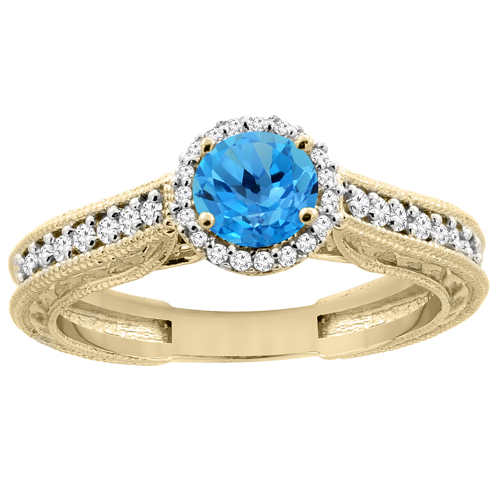 14K Yellow Gold Natural Swiss Blue Topaz Round 5mm Engraved Engagement Ring Diamond Accents, sizes 5 - 10