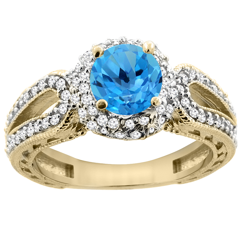 14K Yellow Gold Natural Swiss Blue Topaz Engagement Ring Round 6mm Engraved Split Shank Diamond Accents, sizes 5 - 10