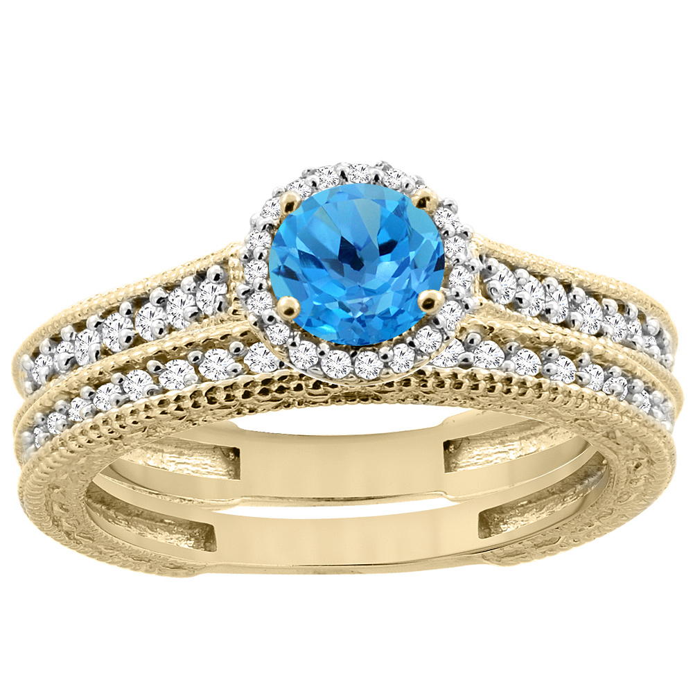 14K Yellow Gold Natural Swiss Blue Topaz Round 5mm Engagement Ring 2-piece Set Diamond Accents, sizes 5 - 10