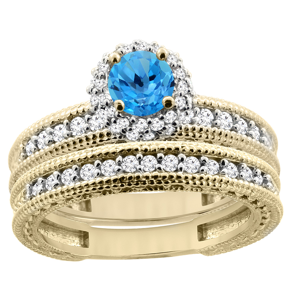 14K Yellow Gold Diamond Natural Swiss Blue Topaz Round 4mm Engagement Ring 2-piece Set, sizes 5 - 10