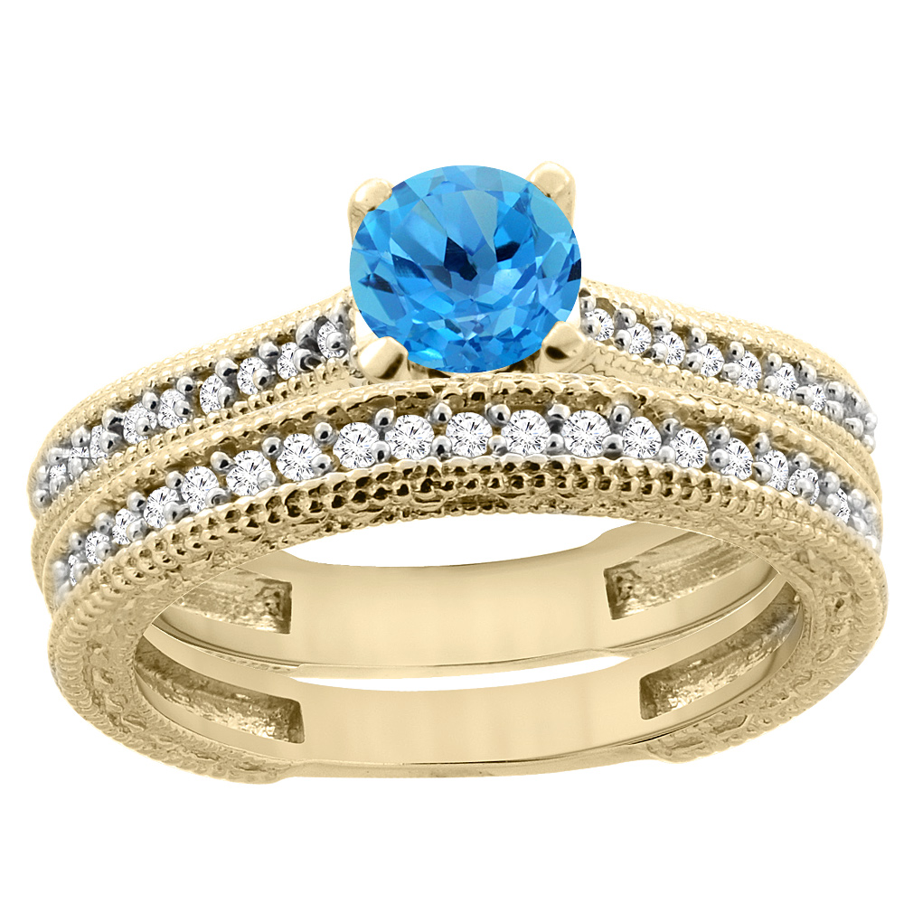 14K Yellow Gold Natural Swiss Blue Topaz Round 5mm Engraved Engagement Ring 2-piece Set Diamond Accents, sizes 5 - 10
