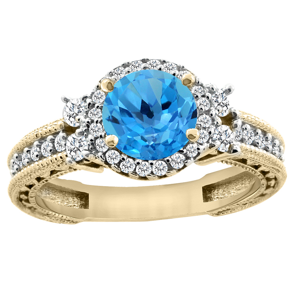 14K Yellow Gold Natural Swiss Blue Topaz Halo Engagement Ring Round 6mm Diamond Accents, sizes 5 - 10