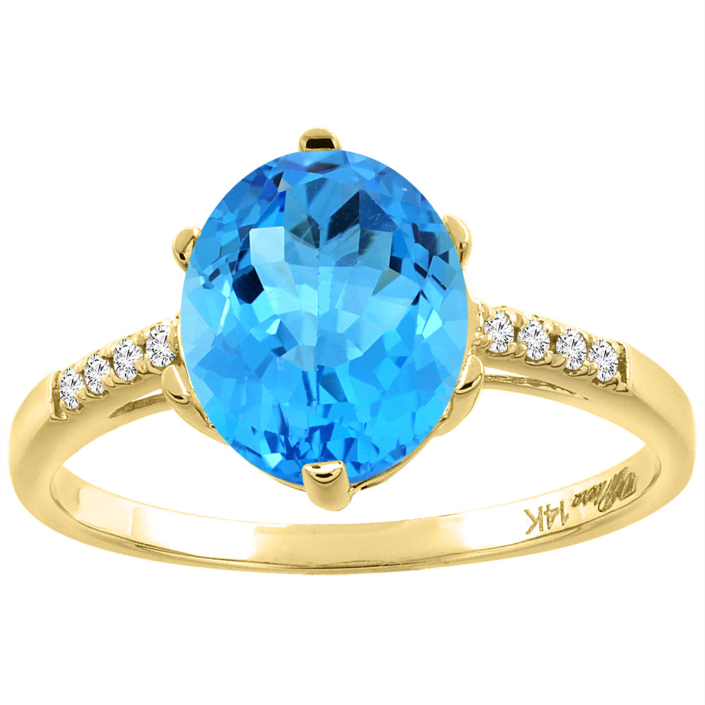 14K Yellow Gold Natural Swiss Blue Topaz & Diamond Ring Oval 10x8 mm, sizes 5-10