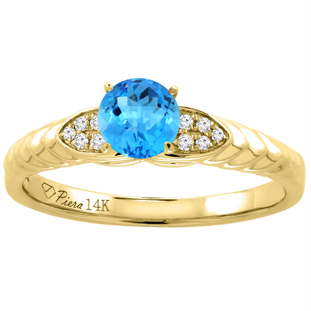 14K Yellow Gold Diamond Natural Swiss Blue Topaz Engagement Ring Round 5 mm, sizes 5-10