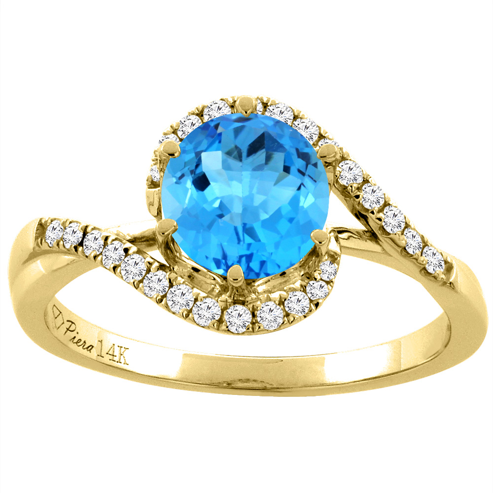 14K Yellow Gold Diamond Natural Swiss Blue Topaz Bypass Engagement Ring Round 7 mm, sizes 5-10