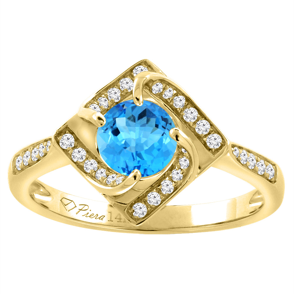 14K Yellow Gold Diamond Natural Swiss Blue Topaz Engagement Ring Round 7 mm, sizes 5-10