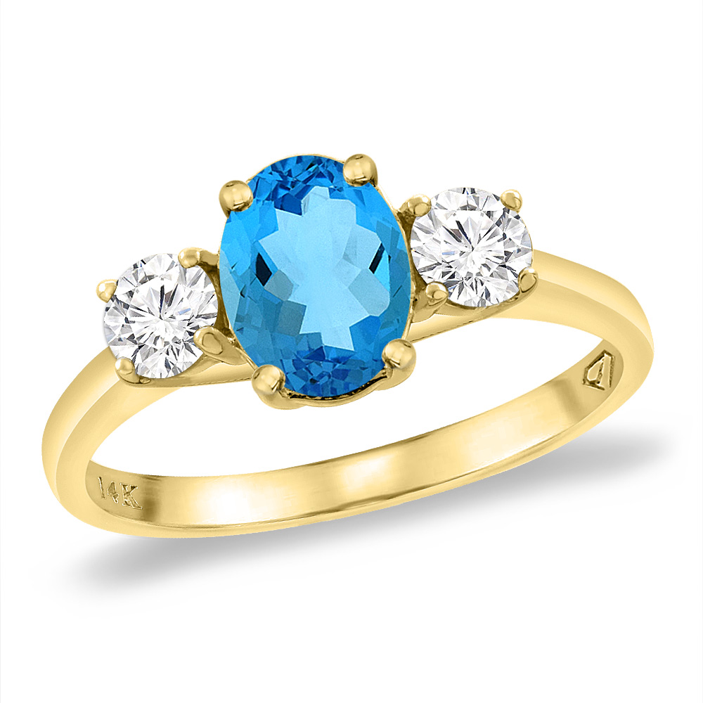 14K Yellow Gold Natural Swiss Blue Topaz &amp; 2pc. Diamond Engagement Ring Oval 8x6 mm, sizes 5 -10