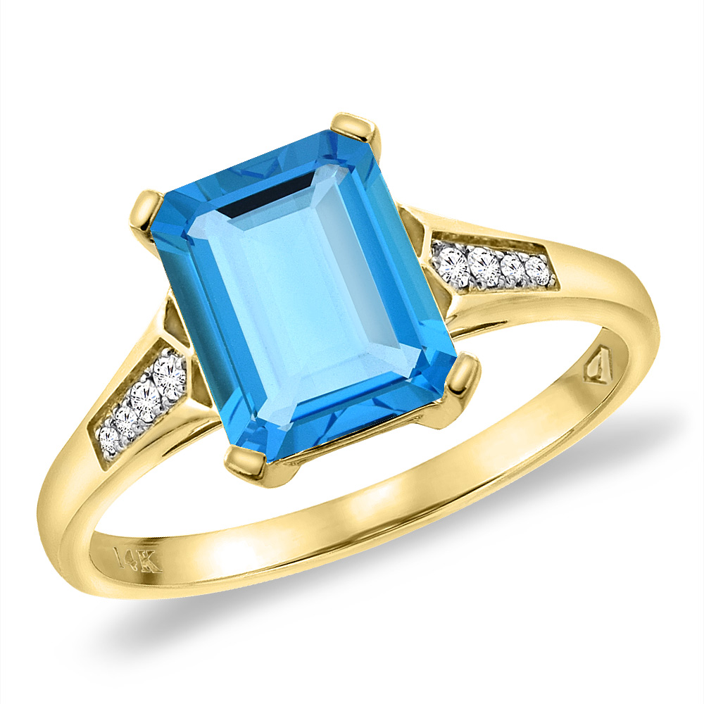 14K Yellow Gold Natural Swiss Blue Topaz Ring 9x7 mm Octagon with Diamond Accent, sizes 5 -10