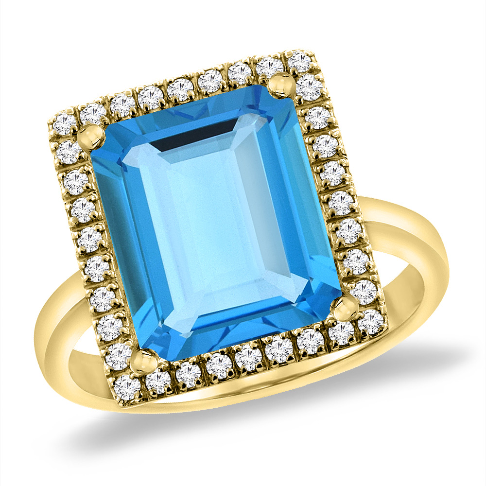 14K Yellow Gold Natural Swiss Blue Topaz Ring Diamond Accent 12x10 mm Octagon, sizes 5 -10