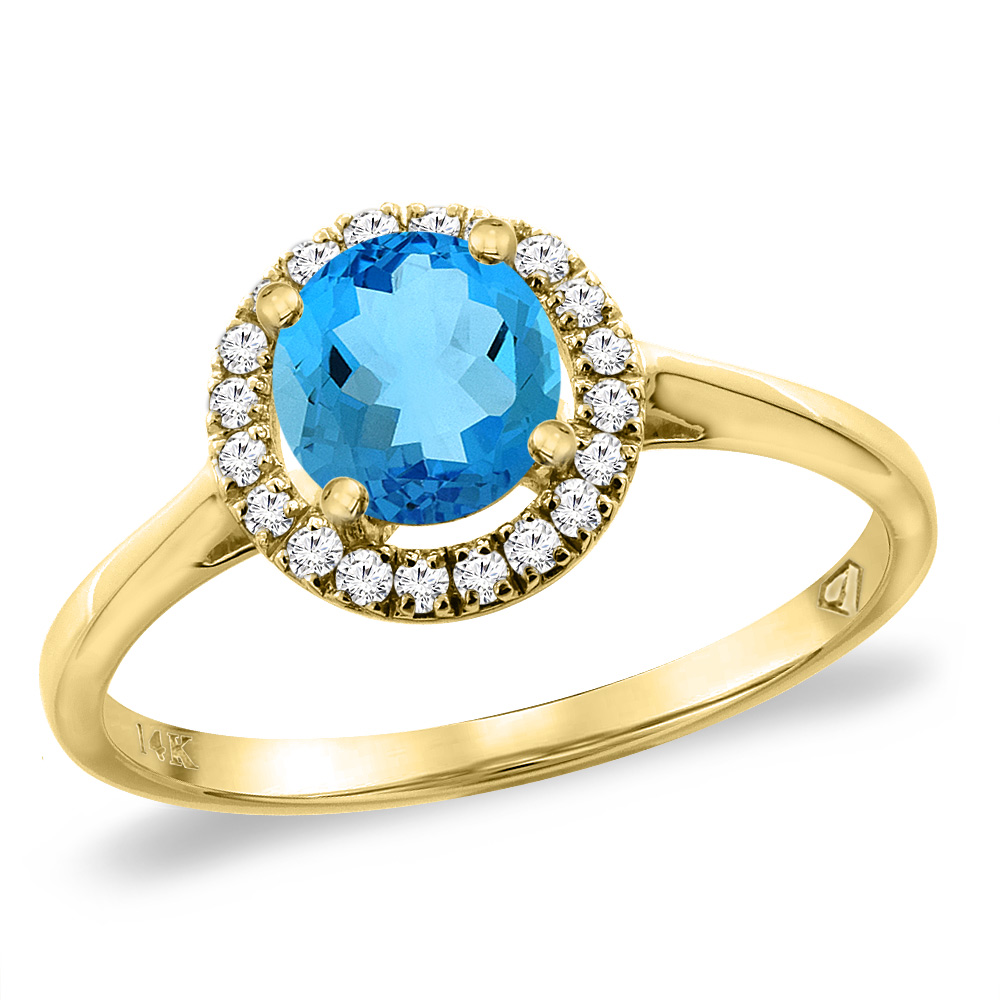 14K Yellow Gold Diamond Halo Natural Swiss Blue Topaz Engagement Ring Round 6 mm, sizes 5 -10