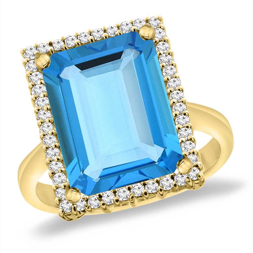 14K Yellow Gold Natural Swiss Blue Topaz Ring Diamond Accent 14x10 mm Octagon, sizes 5 -10