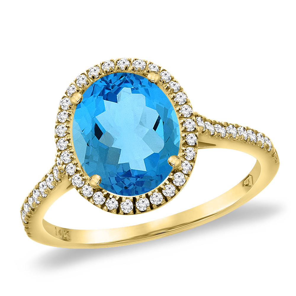 14K Yellow Gold Natural Swiss Blue Topaz Diamond Halo Engagement Ring 10x8 mm Oval, sizes 5 -10