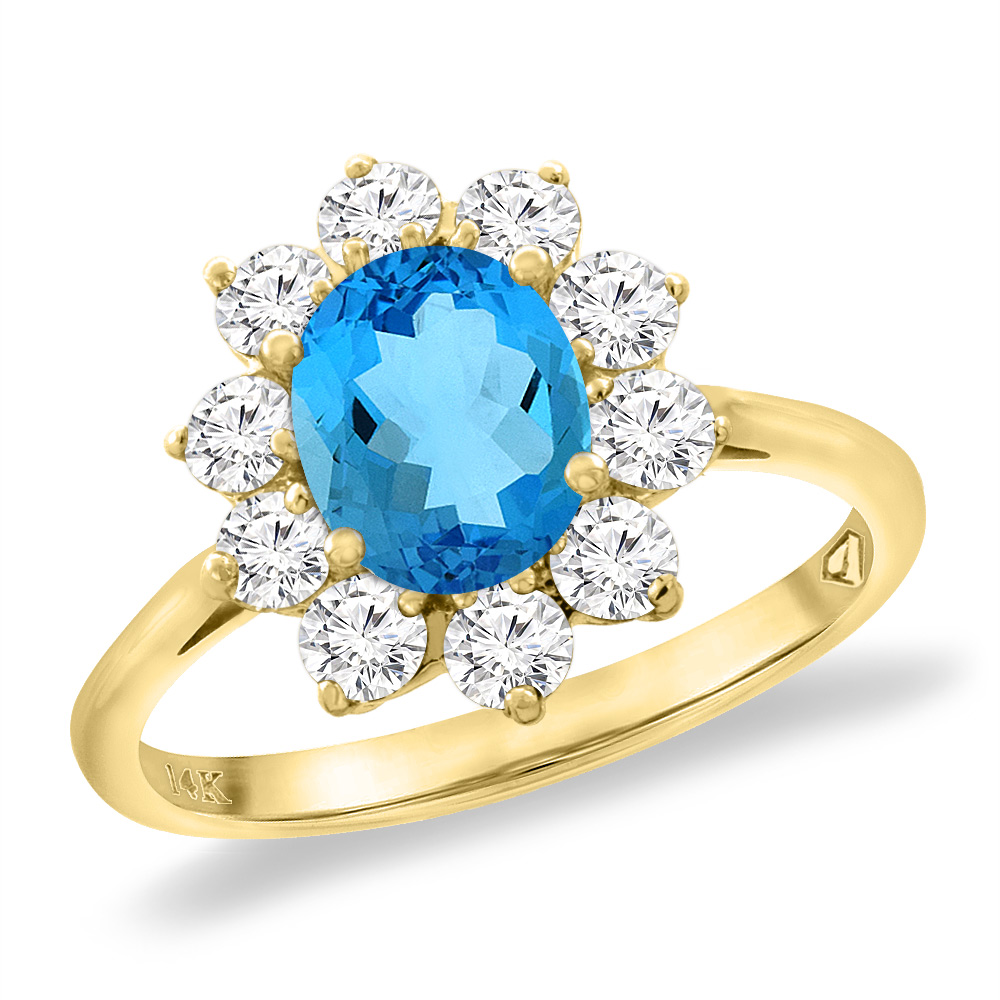 14K Yellow Gold Diamond Natural Swiss Blue Topaz Engagement Ring Oval 8x6 mm, sizes 5 -10