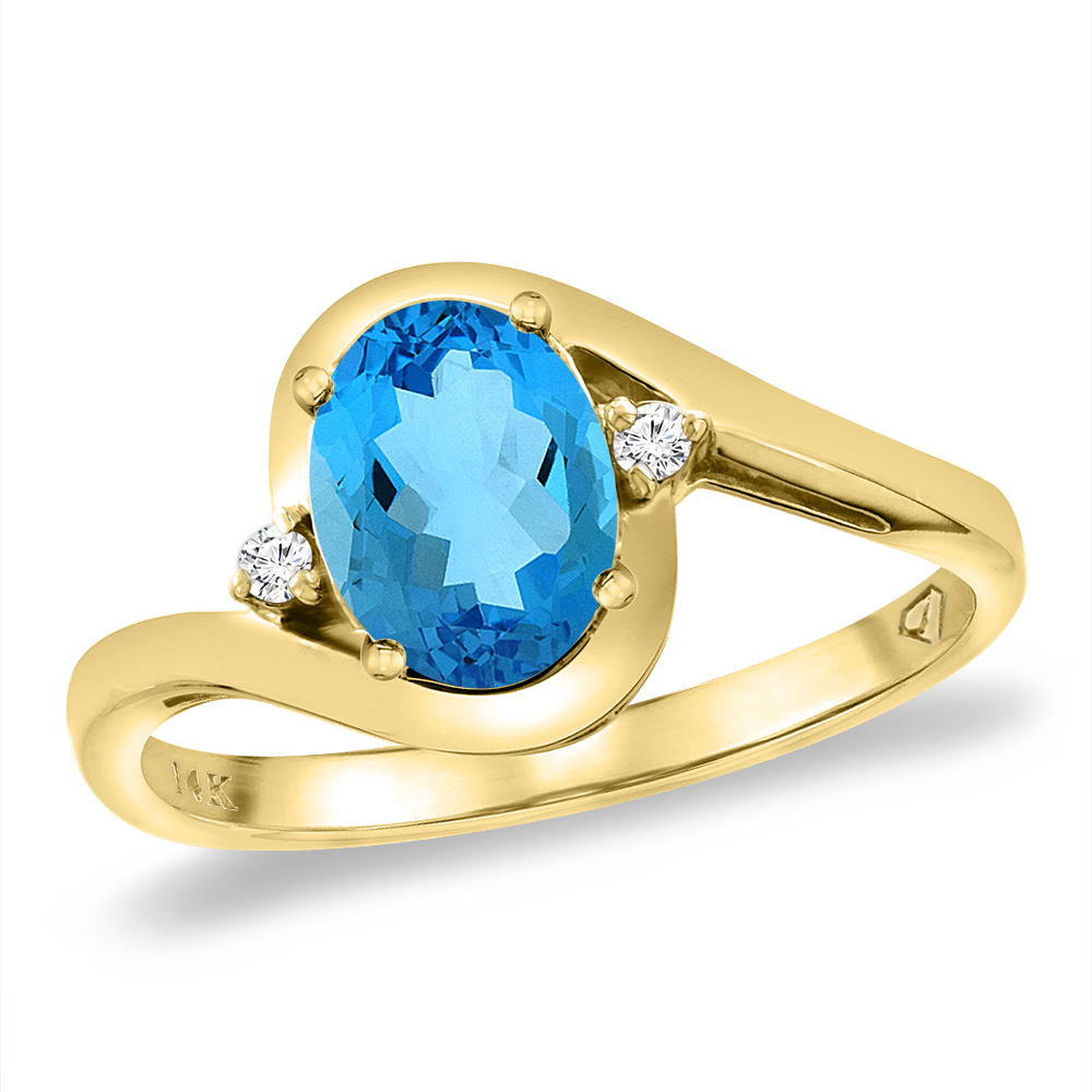 14K Yellow Gold Diamond Natural Swiss Blue Topaz Bypass Engagement Ring Oval 8x6 mm, sizes 5 -10
