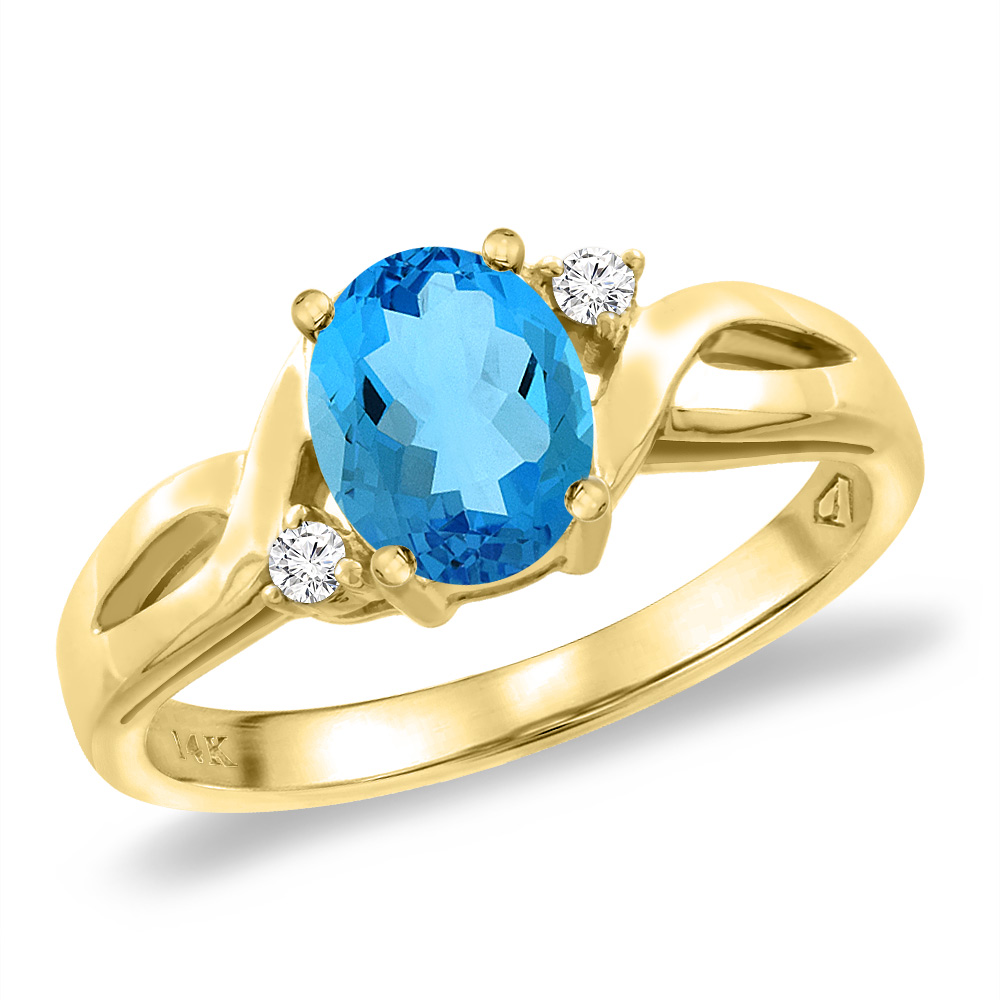 14K Yellow Gold Diamond Natural Swiss Blue Topaz Engagement Ring Oval 8x6 mm, sizes 5 -10