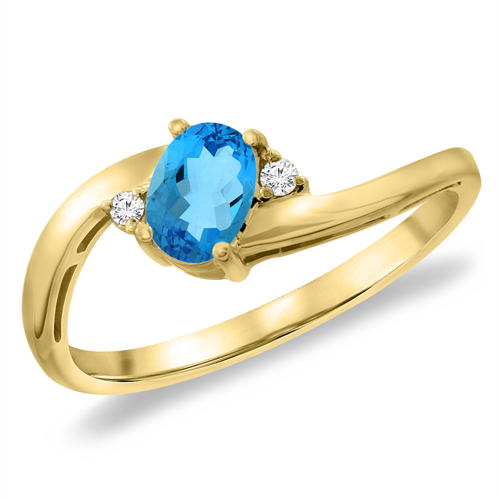 14K Yellow Gold Diamond Natural Swiss Blue Topaz Bypass Engagement Ring Oval 6x4 mm, sizes 5 -10