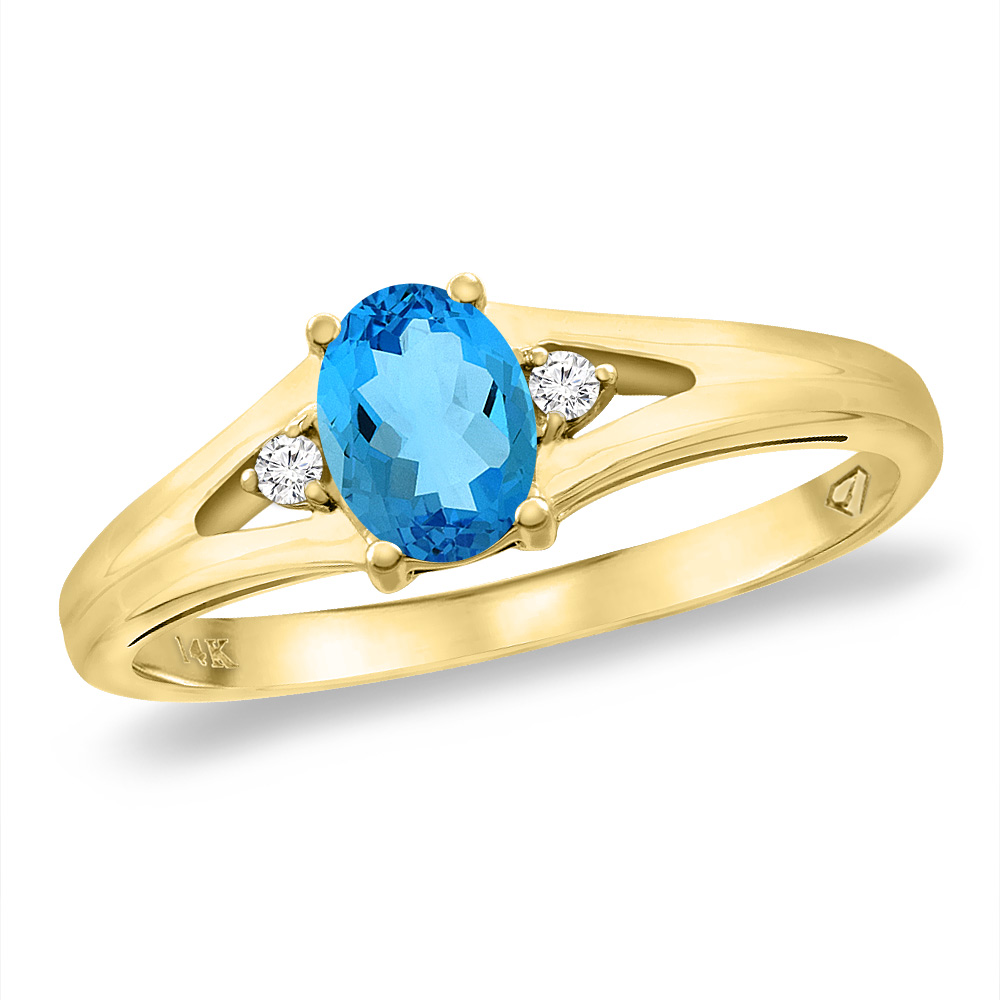 14K Yellow Gold Diamond Natural Swiss Blue Topaz Engagement Ring Oval 6x4 mm, sizes 5 -10